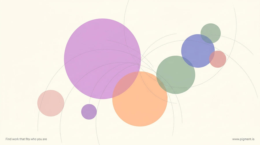Abstract warm-toned composition of overlapping colored circles and dotted arc lines in violet, orange, blue, green, and pink 