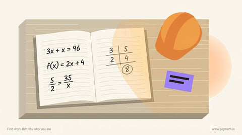 Abstract flat vector composition evoking an electrician's workbench: an open notebook with handwritten algebra equations, a h