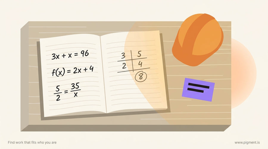 Abstract flat vector composition evoking an electrician's workbench: an open notebook with handwritten algebra equations, a h
