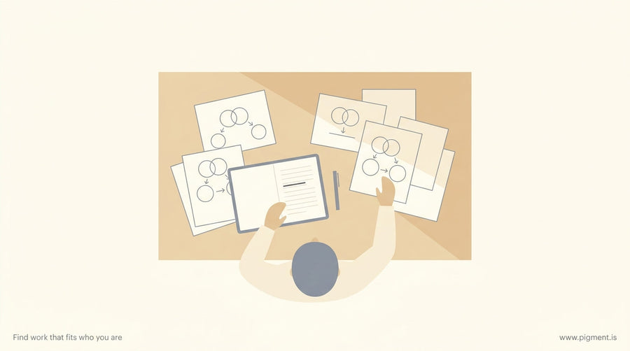 Abstract overhead view of a person at a desk surrounded by scattered papers with overlapping circles and arrows, one open not