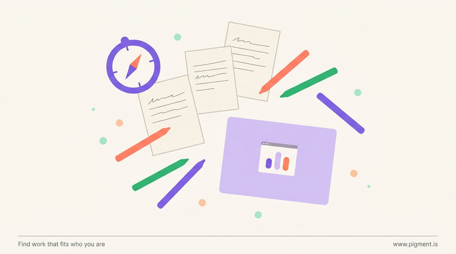 Abstract overhead flat-lay composition of career exploration objects — compass, handwritten notes, colored markers, and a lap