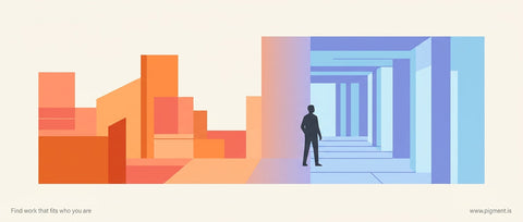 Abstract hero image showing a professional silhouette standing at a threshold between two contrasting geometric environments 