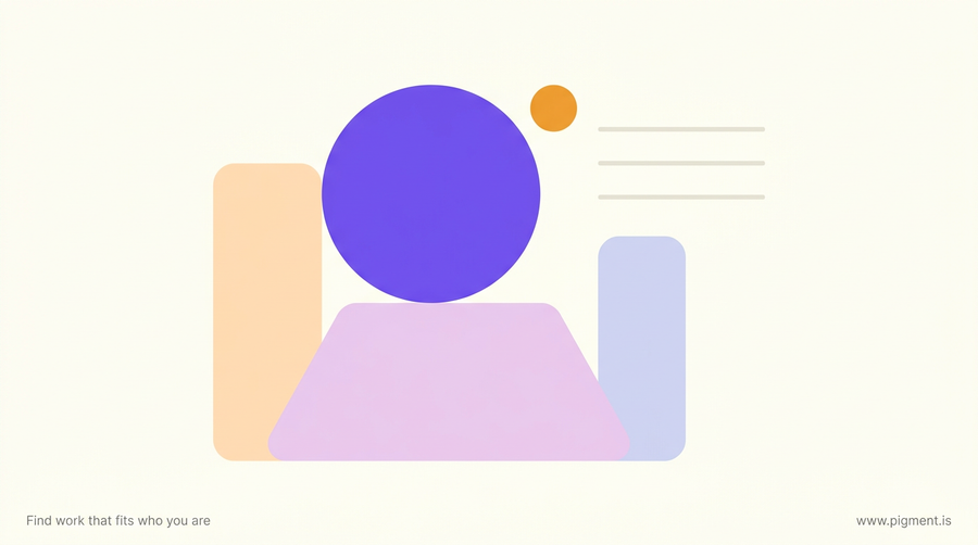Abstract geometric composition suggesting confident preparation for a high-stakes professional moment, with warm optimistic lighting and aspirational forms in violet and orange on warm off-white.