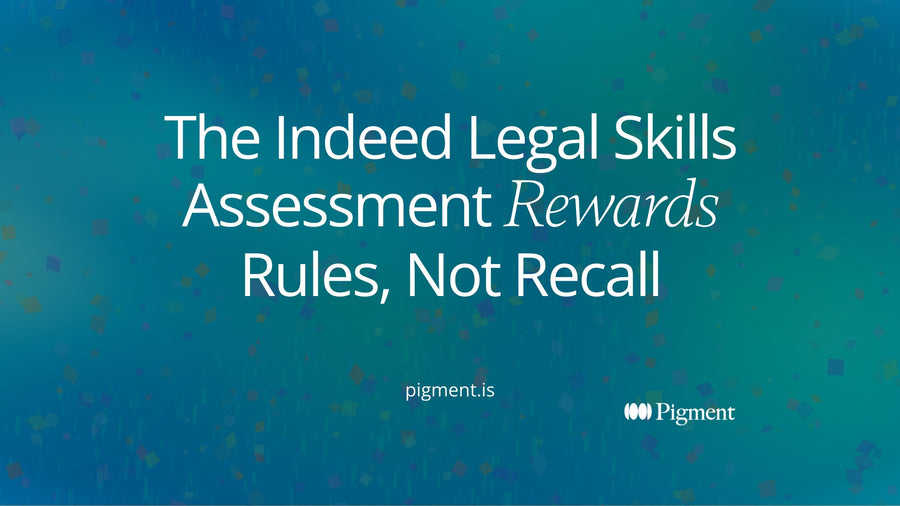 Abstract flat-vector composition in peach, lavender, mint and violet on warm cream: four grouped clusters of circles and rounded bars, evoking the four topic areas of the Indeed legal skills assessment.