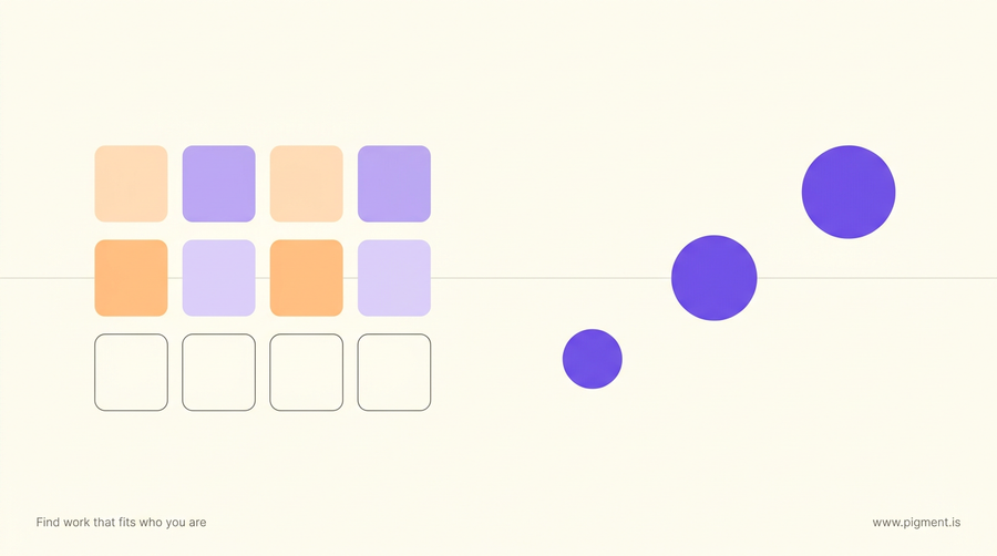 Abstract hero for the Indiana Core Academic Skills Assessment: a tidy grid of pale peach and lavender squares whose bottom row is drawn as empty outlines, and three rising violet circles set apart in open cream.