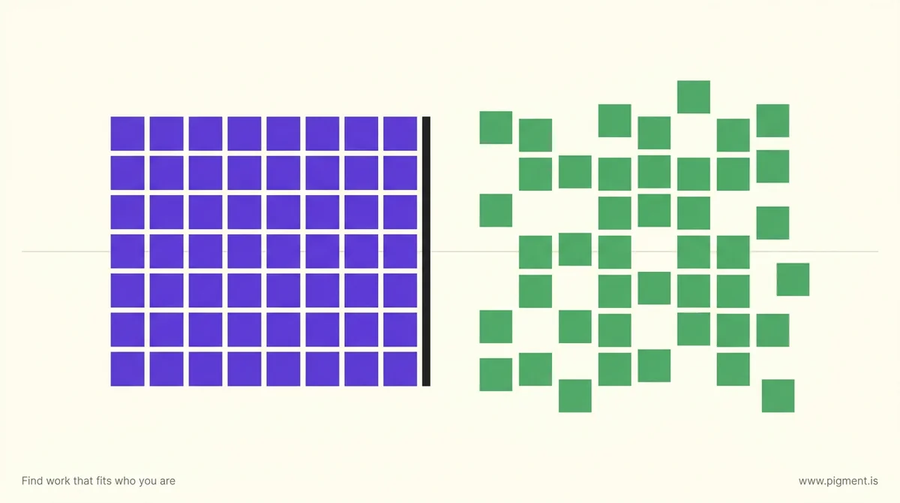 Abstract composition: forty-five violet squares packed into one closed block beside forty-five green squares scattered loosely across the same area, the equal-hours contrast behind industry vs academia work life balance.