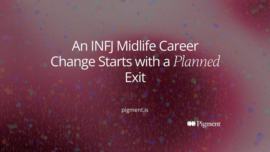 Abstract cover for an INFJ midlife career change guide: a calm path leaving a closed rectangle and curving toward an open mint field, marked by three small shapes