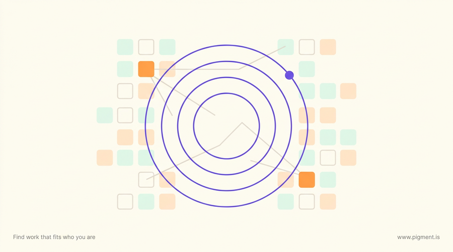 Abstract Pigment-palette illustration of concentric violet rings and a loose grid of small squares with two highlighted, suggesting web reconnaissance uncovering hidden parts of a site.