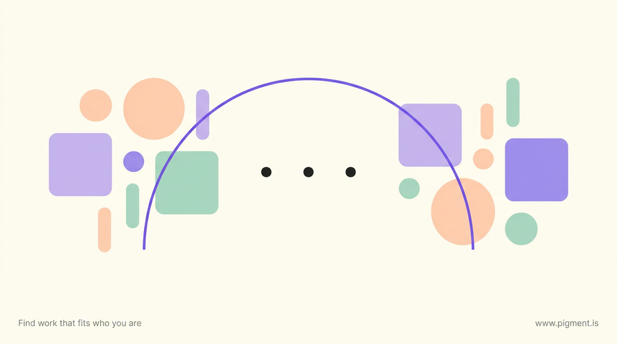 Abstract geometric hero image for interpreter skills assessment: two clusters of pastel shapes on warm cream joined by a single continuous arc, standing for meaning carried between two languages