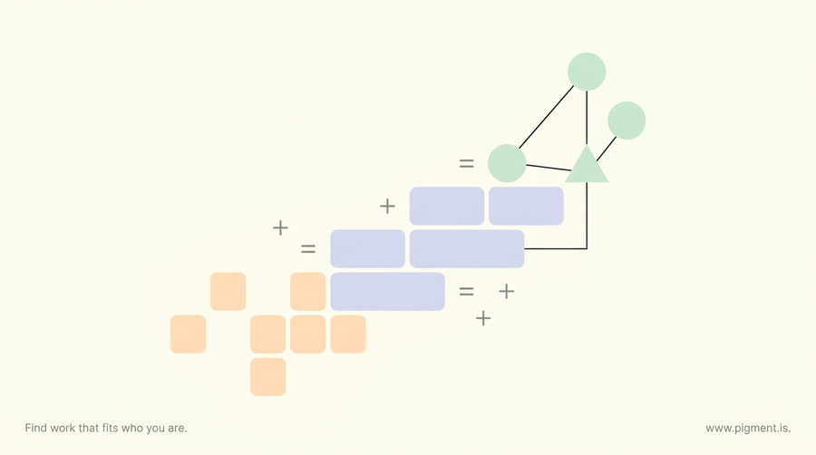 Abstract geometric illustration of small rounded tiles rising into circles and a triangle, suggesting a foundation building into algebra readiness, in warm peach, lavender, and mint on cream.