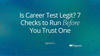 Abstract cover for an article asking is career test legit: seven soft geometric shapes in a row, one set apart, on warm cream.