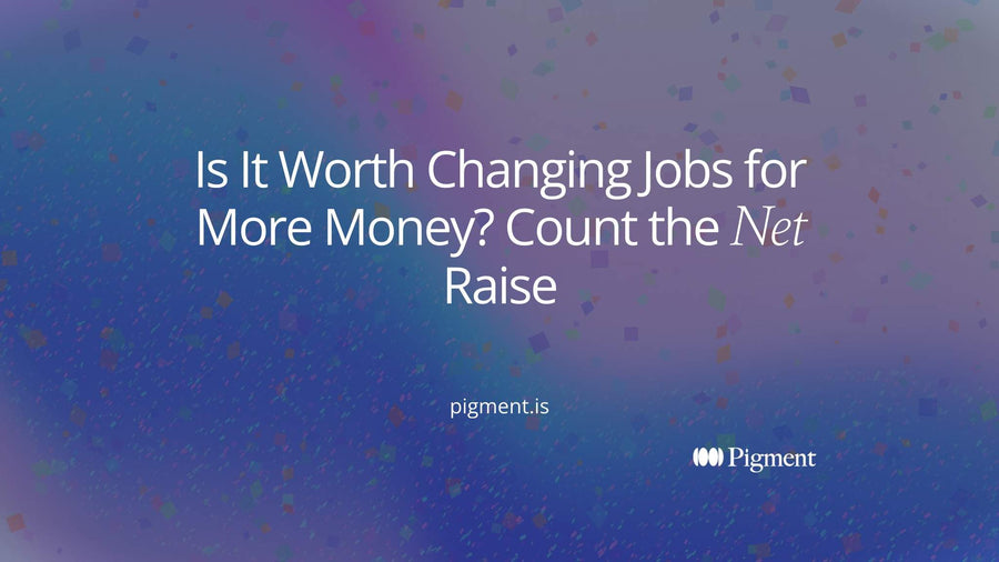 Abstract cover on whether it is worth changing jobs for more money: a tall peach bar loses small pastel blocks one by one and ends as a shorter violet bar, the raise after its costs