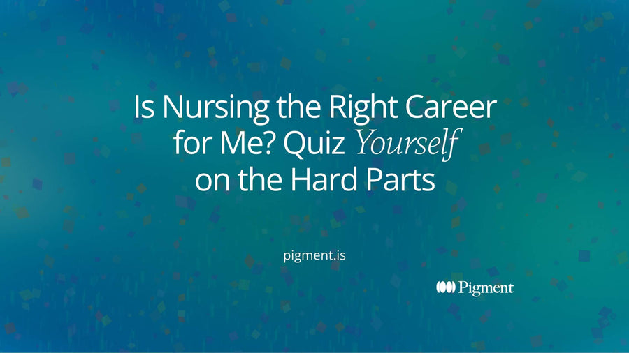 Abstract cover for a quiz on whether nursing is the right career: four soft geometric clusters in peach, lavender, mint and ice on cream, one per group of questions.