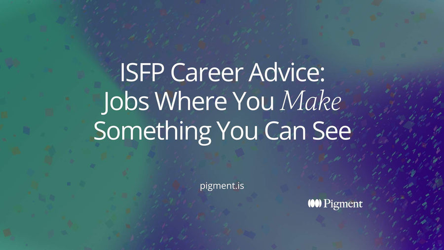 Abstract cover for ISFP career advice: soft peach, mint and lilac shapes on cream being fitted together into one finished form on a thin baseline