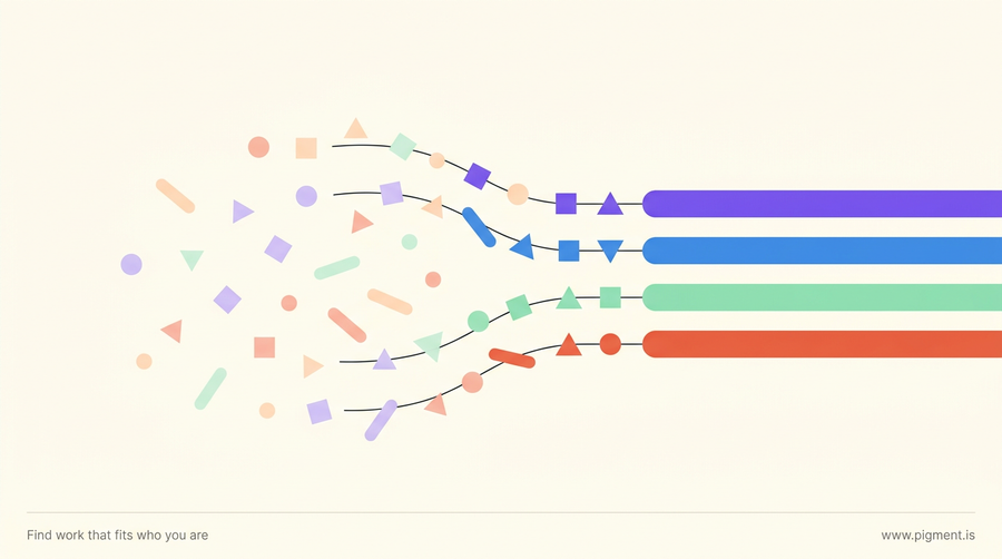 Abstract geometric illustration of scattered colorful shapes resolving into four ordered lanes, an IT career change at 40 turning mixed experience into clear paths.