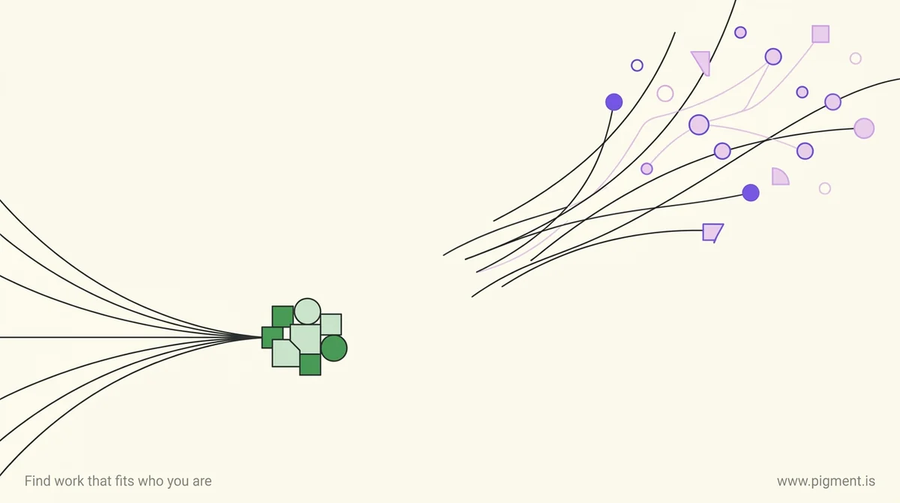 MBTI P or J test explainer: charcoal threads on the left gather and close into one settled cluster for the judging side, while on the right they stay open and fan out into a loose scatter for the perceiving side.