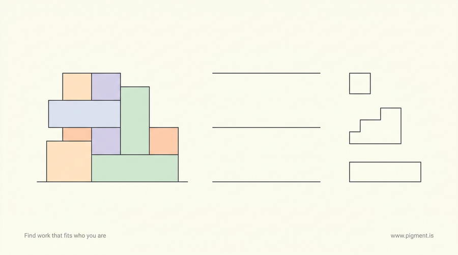 Abstract flat-vector composition for the JEE aptitude test: a stack of cubes beside its flattened plan and elevation outlines, in peach, lavender and mint on a warm cream field