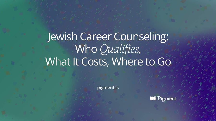 Abstract cover for a guide to Jewish career counseling: soft lavender, peach and mint rounded shapes gathered around one open doorway form on cream