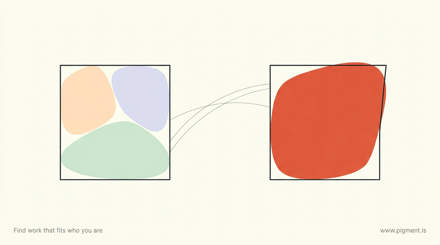 Abstract warm illustration of soft rounded shapes resting neatly inside one thin frame while a single coral shape strains against another frame, picturing job burnout as a fit mismatch.