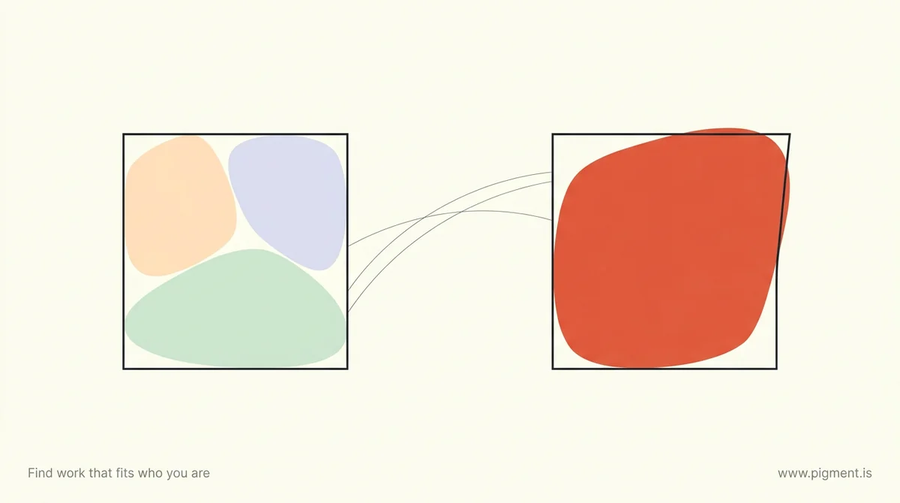 Abstract warm illustration of soft rounded shapes resting neatly inside one thin frame while a single coral shape strains against another frame, picturing job burnout as a fit mismatch.