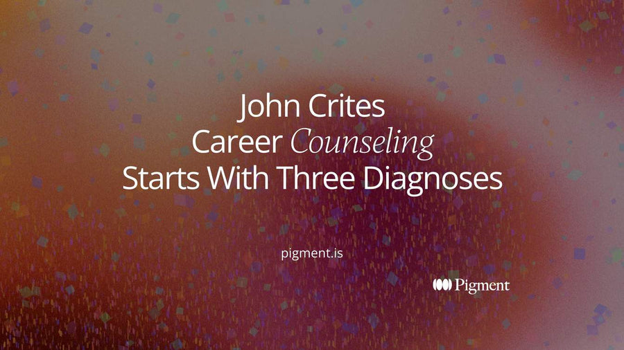 Abstract cover for John Crites career counseling: three overlapping soft circles in peach, lavender, and mint resting on a line of small dots that runs left to right