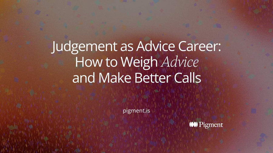 Cover for judgement as advice career: several small advice shapes feed into one balance shape, showing outside opinions being weighed before a career call