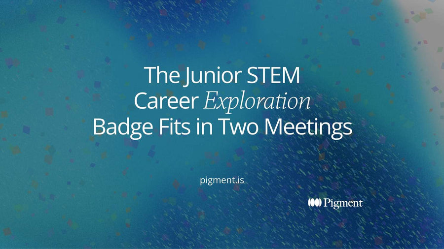 Abstract cover for a guide to the Junior STEM Career Exploration badge: soft peach, mint and lavender shapes pairing into small clusters on cream.