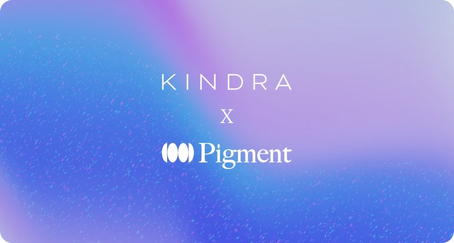 Kindra and Pigment partnership card on a violet-to-blue gradient background