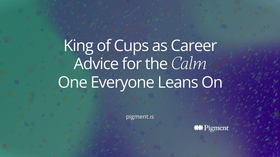 Cover for King of Cups as career advice: one steady violet circle resting on a level bar above rolling lavender and ice blue wave forms on cream