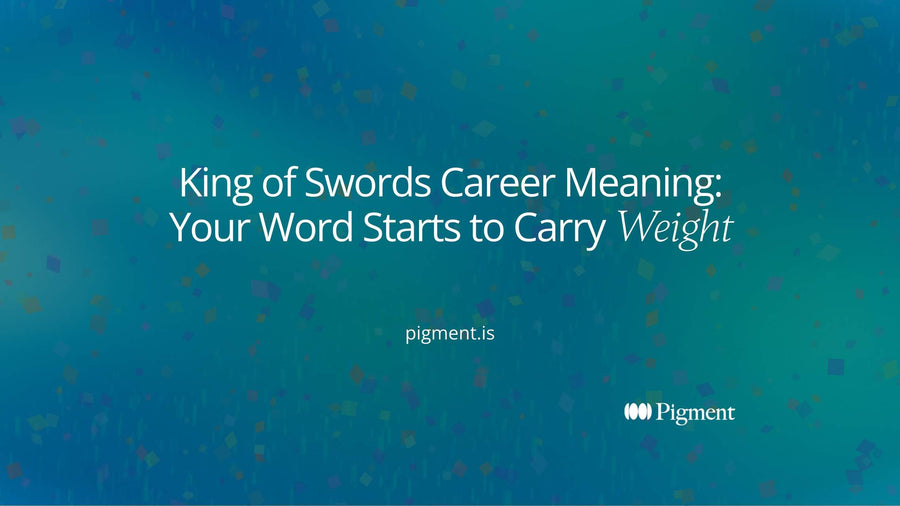 Abstract cover for King of Swords career meaning: a tall upright line rising from a calm stack of shapes, standing for judgment that has earned authority at work