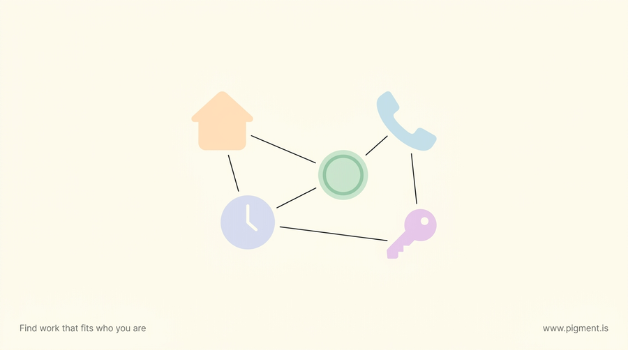 Abstract warm geometric constellation of everyday-life shapes, a house, clock, coin, phone and key, representing the Kohlman Evaluation of Living Skills assessment of independent daily living.