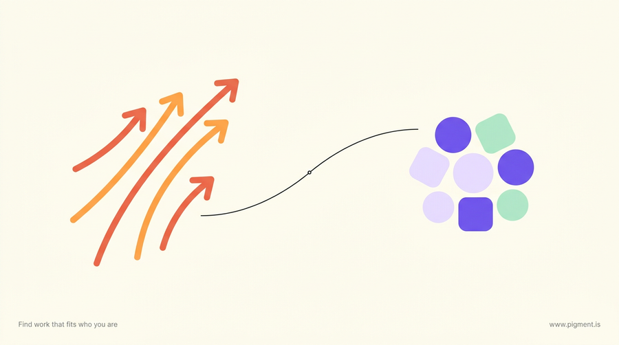 Kolbe vs StrengthsFinder as an abstract composition in warm cream, coral, orange, lavender and violet: leaning strokes for how you instinctively act beside a cluster of shapes for natural ability, joined at one center