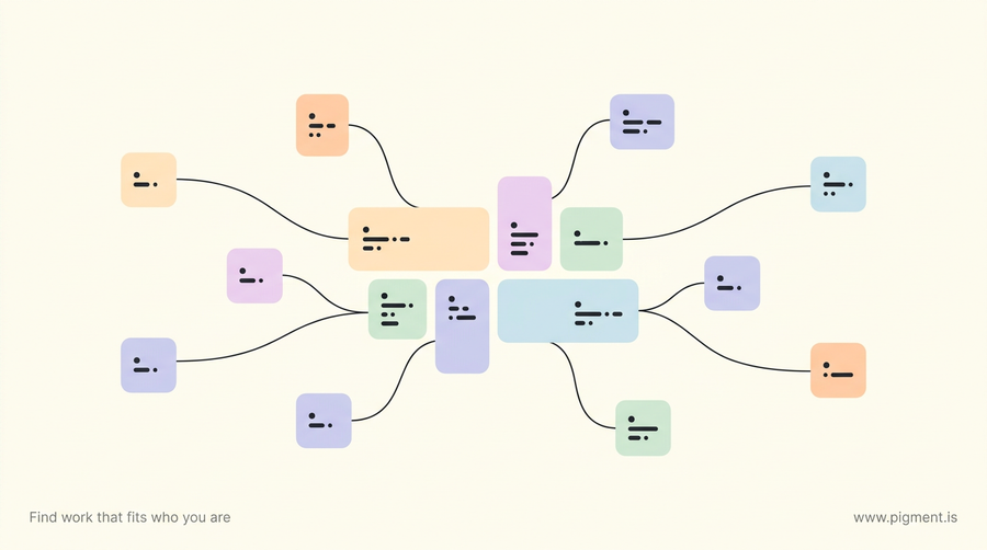 Abstract illustration of small pastel tiles linked by thin lines into a network, standing for how a Korean MBTI test result passes between people as everyday social shorthand.
