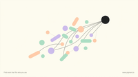 Abstract constellation of peach, lavender and mint shapes on cream, thin lines converging on a dark circle, suggesting scattered reasoning resolving into a clear path for KPMG assessment prep.
