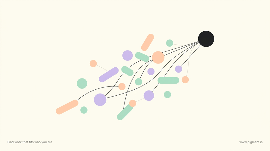 Abstract constellation of peach, lavender and mint shapes on cream, thin lines converging on a dark circle, suggesting scattered reasoning resolving into a clear path for KPMG assessment prep.