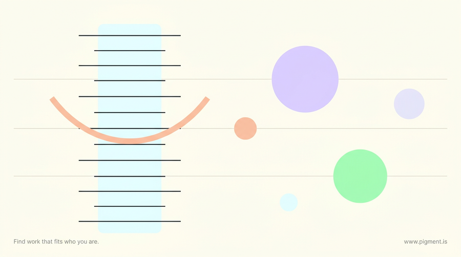 Abstract flat-vector composition of a laboratory measuring scale: evenly spaced horizontal rules in charcoal crossed by a soft peach curve, with lavender and mint circles resting between the markings