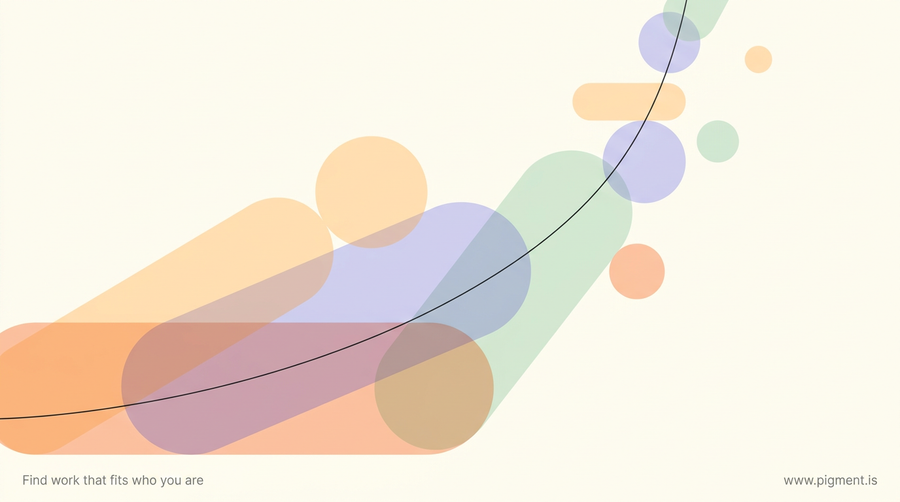 Abstract warm geometric composition of overlapping peach, lavender, and mint shapes arcing upward on cream, evoking a late life career change that builds on decades of experience.