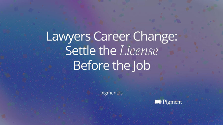 Abstract geometric composition for a lawyers career change guide: one solid path splits into a short branch staying near a block and a longer branch heading away