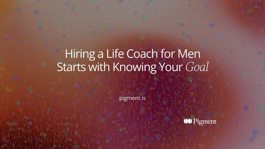 Abstract composition on cream: scattered peach and lavender dots gather into one violet line that runs to a single mint circle, suggesting a life coach for men turning a vague itch into one goal.