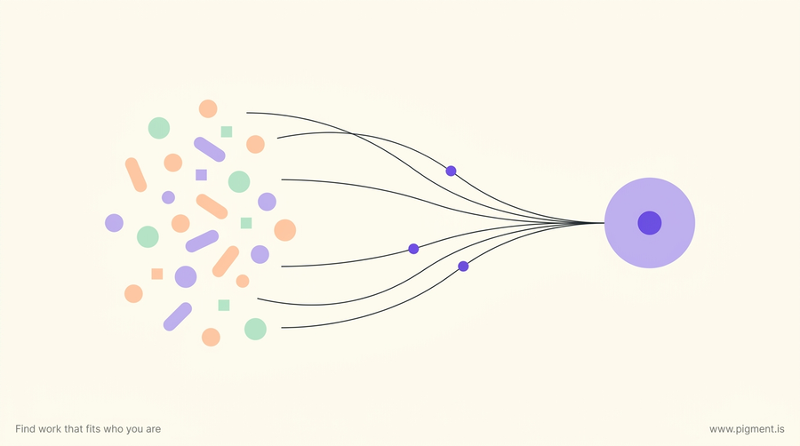 Abstract geometric illustration of scattered pastel shapes drifting toward a single calm circle, suggesting a person finding career direction, in Pigment's cream, peach, lavender and mint palette.