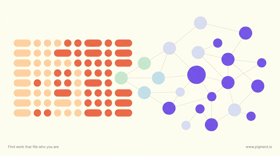 Abstract warm geometric hero: an orderly peach and coral grid on the left, a looser lavender and violet constellation on the right, bridged by mint shapes, evoking the two paths in life coach jobs.