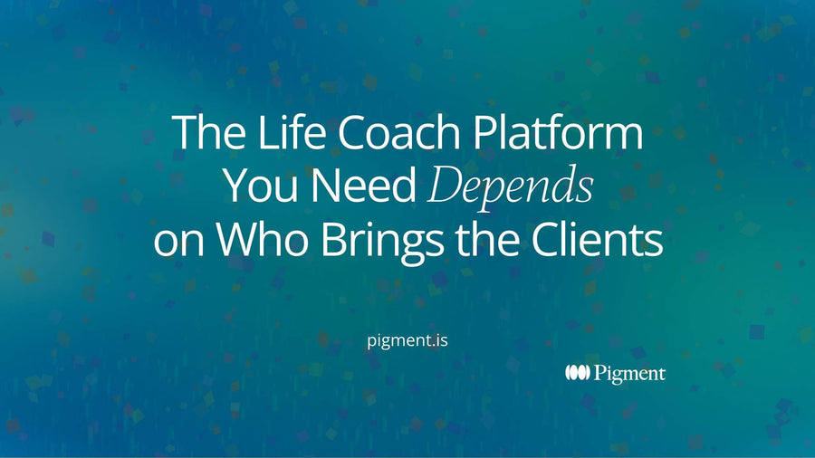 Abstract composition on cream: a lavender cluster of shapes on the left and a mint cluster on the right, joined by one thin charcoal line, suggesting the two sides of a life coach platform.
