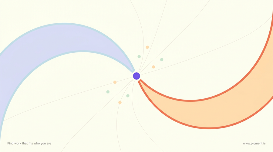 Abstract Pigment illustration of two sweeping arcs on cream, one curving back in lavender, one reaching forward in peach, meeting at a violet center, evoking the life coach versus therapist choice.