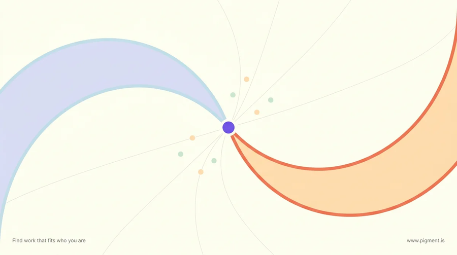 Abstract Pigment illustration of two sweeping arcs on cream, one curving back in lavender, one reaching forward in peach, meeting at a violet center, evoking the life coach versus therapist choice.