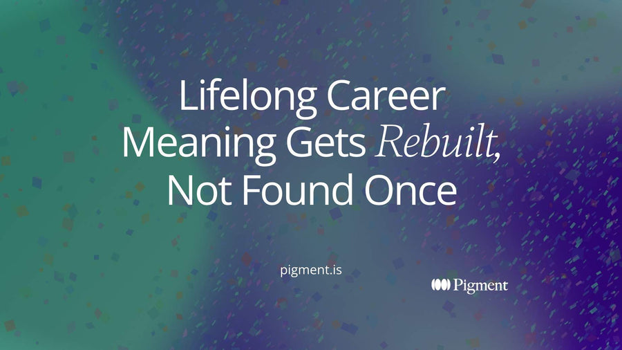 Abstract hero for lifelong career meaning: one steady violet line runs through three changing clusters of peach, lavender, and mint shapes on cream.