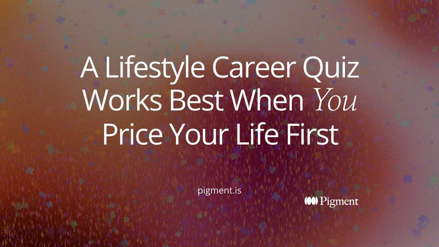 Abstract cover for a guide to the lifestyle career quiz: a wide peach block narrowing through a lavender band to one small mint circle, a wished-for life narrowing to a short list of careers