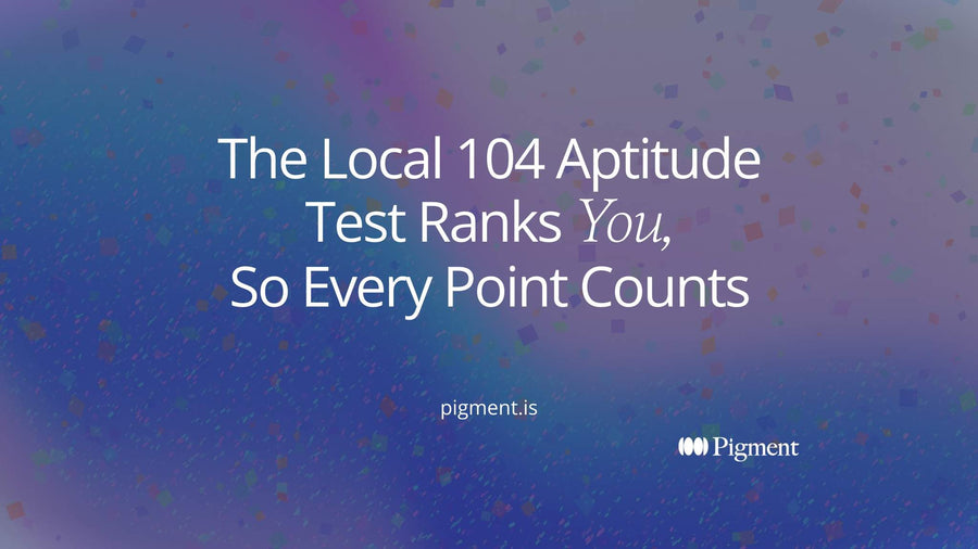 Abstract hero of flat geometric columns arranged in ranked order on cream, the two tallest in violet and orange, a picture of how the Local 104 aptitude test ranks applicants by points