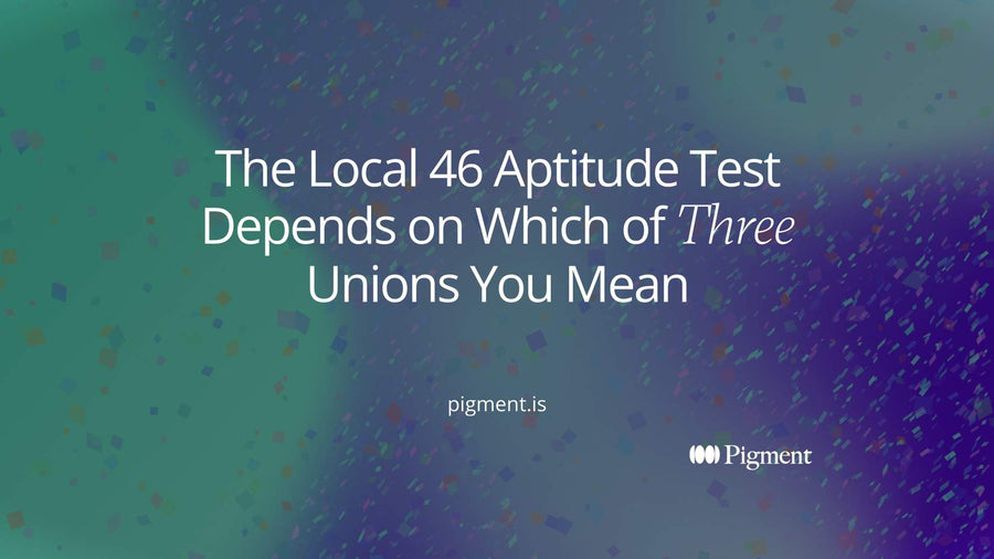 Abstract hero of three separate shape clusters, each different in form and color, joined only by one small matching marker, a picture of the three unions that share the Local 46 aptitude test name