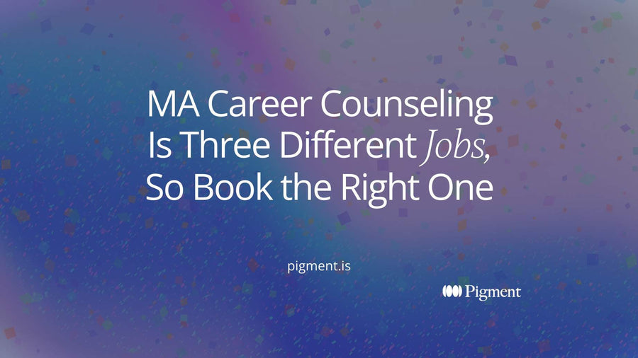 Abstract composition for MA career counseling: one path from the left splits into three soft shapes, each leading to its own doorway