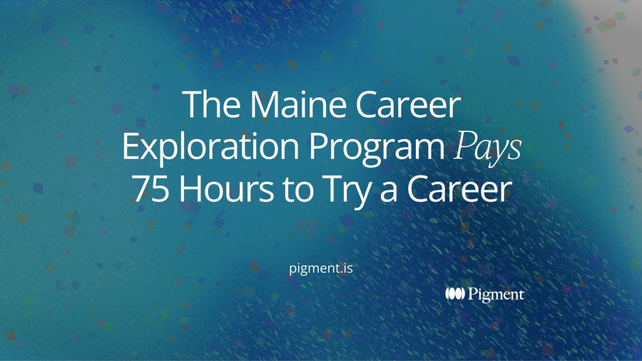 Abstract geometric cover for an article on the Maine Career Exploration Program, showing seventy-five small pastel blocks arranged in an open grid on warm cream.
